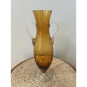 Handblown Amber Glass Vase with Applied Decorative Glass Handles, Art Glass